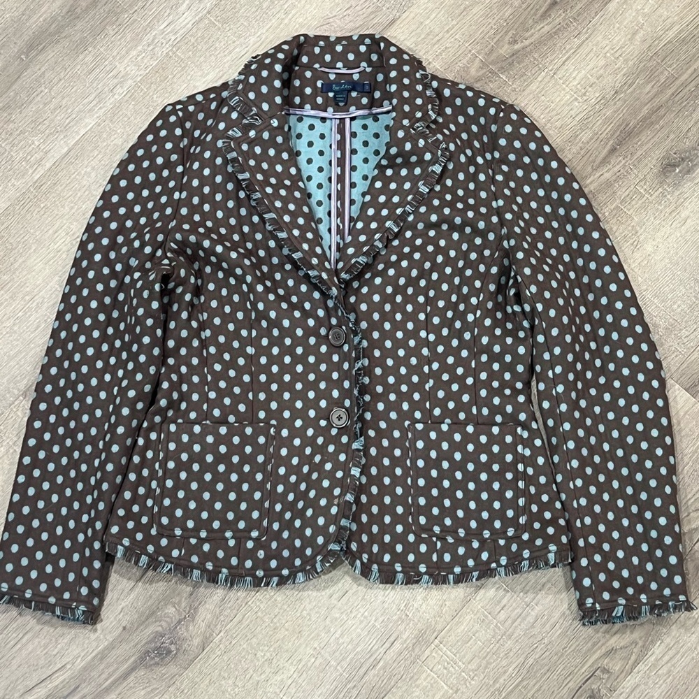 Boden Size 14 Wool Blend Polka Dot Fringe Seam Unlined Unstructured Soft Blazer